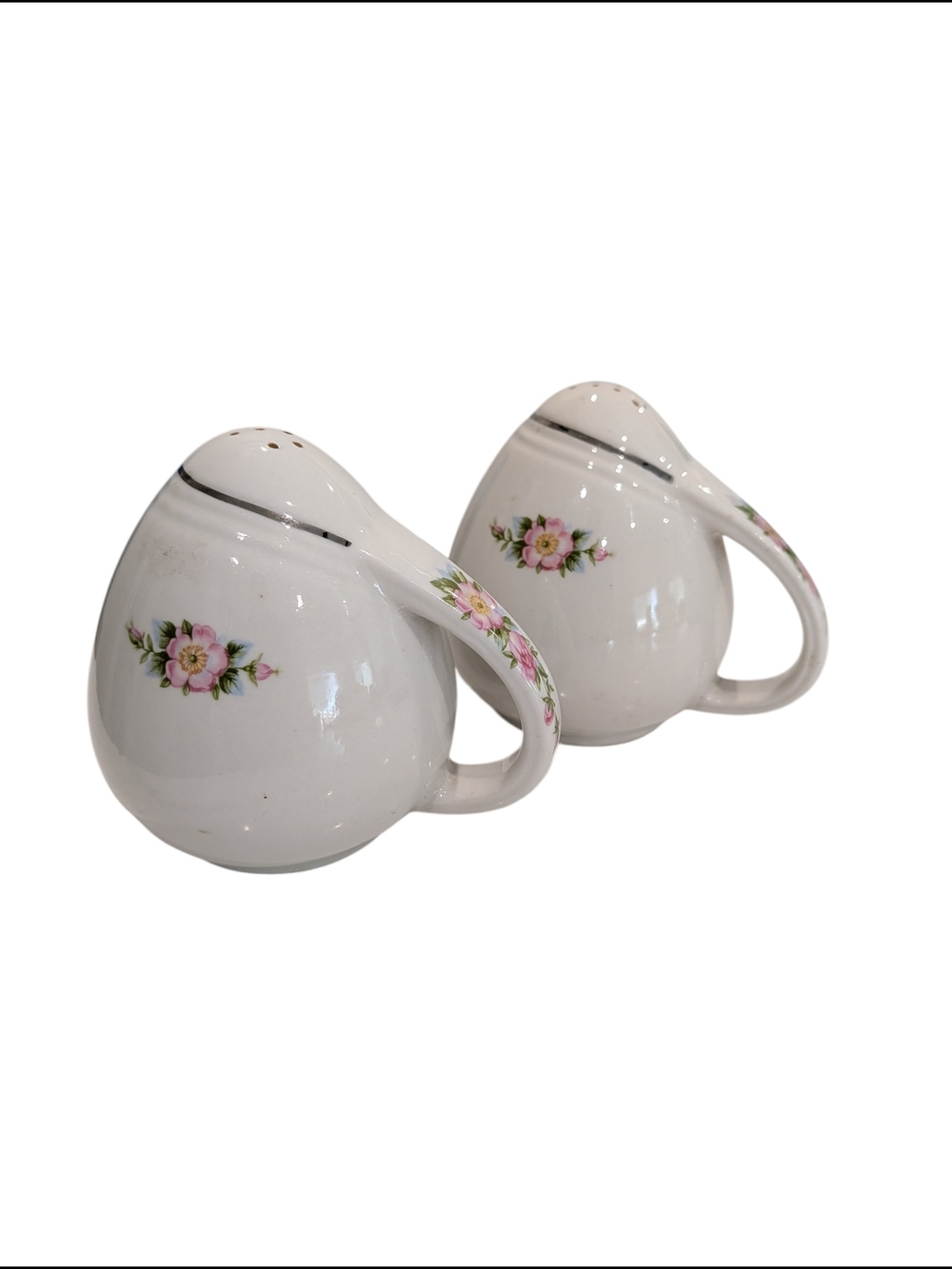 Vintage MCM Ceramic Salt & Pepper Shakers Floral Silver Trim Handled Cork USA
